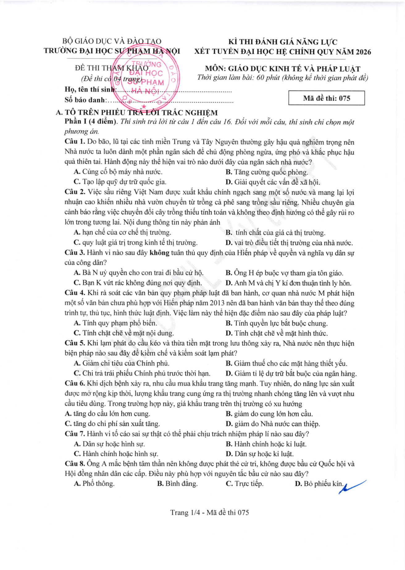 Đề thi tham khảo Giáo dục Kinh tế và pháp luật ĐGNL ĐHSPHN năm 2026