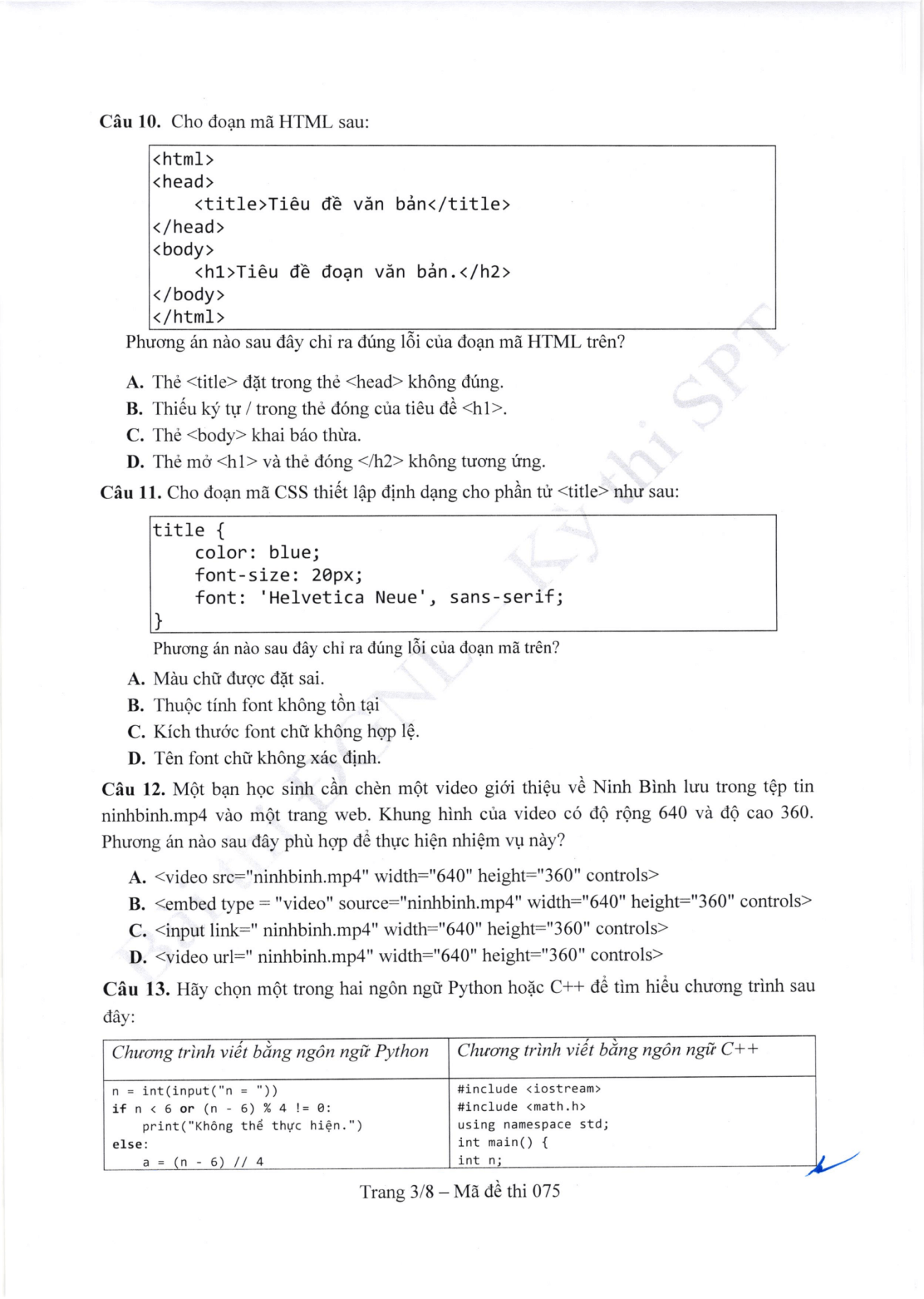 Đề thi tham khảo Tin học ĐGNL ĐHSPHN năm 2026
