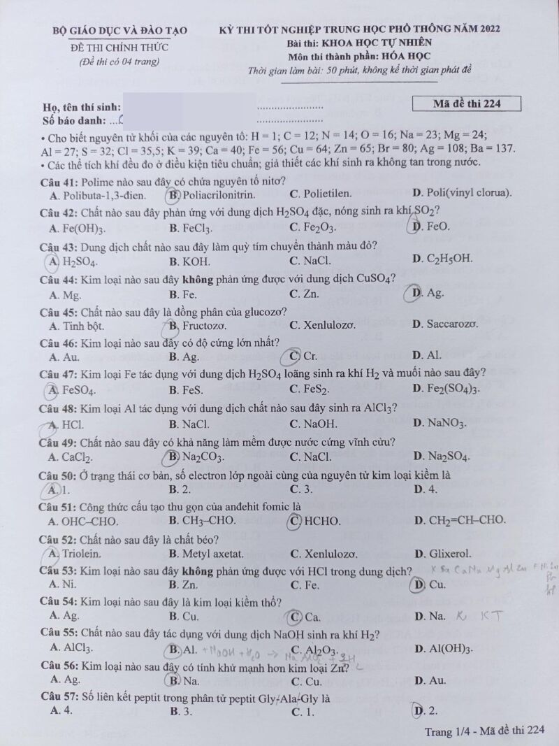 Đề thi tốt nghiệp THPT môn Hóa học năm 2022 (Đề chính thức có đáp án)