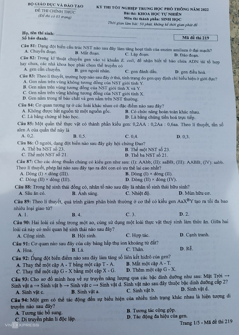 Đề thi tốt nghiệp THPT môn Sinh học năm 2022 (Đề chính thức có đáp án)