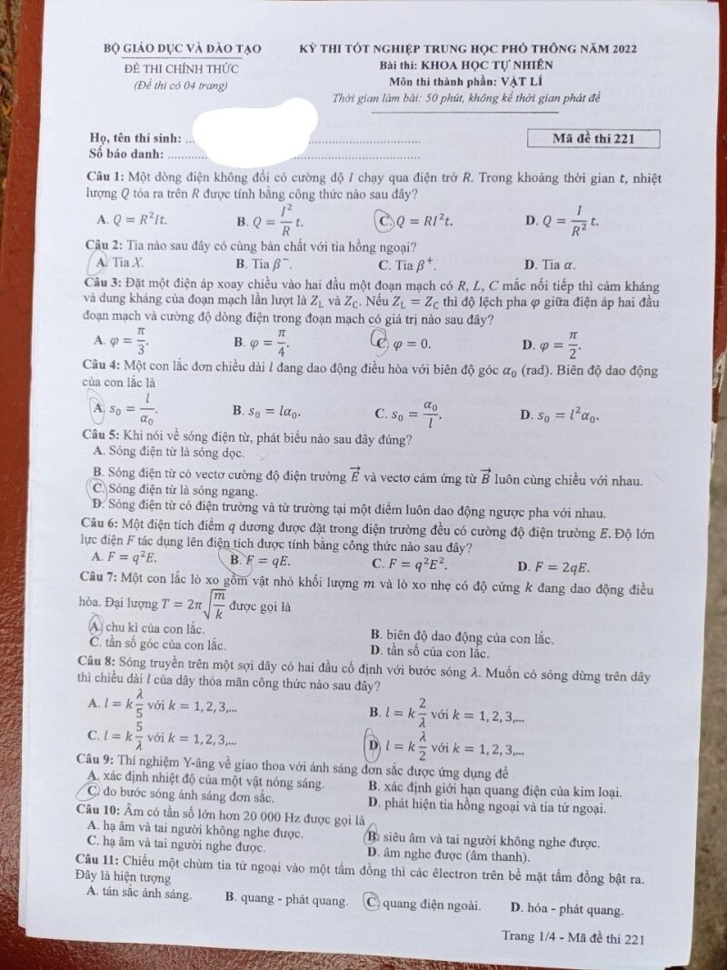 Đề thi tốt nghiệp THPT môn Vật lí năm 2022 (Đề chính thức có đáp án)