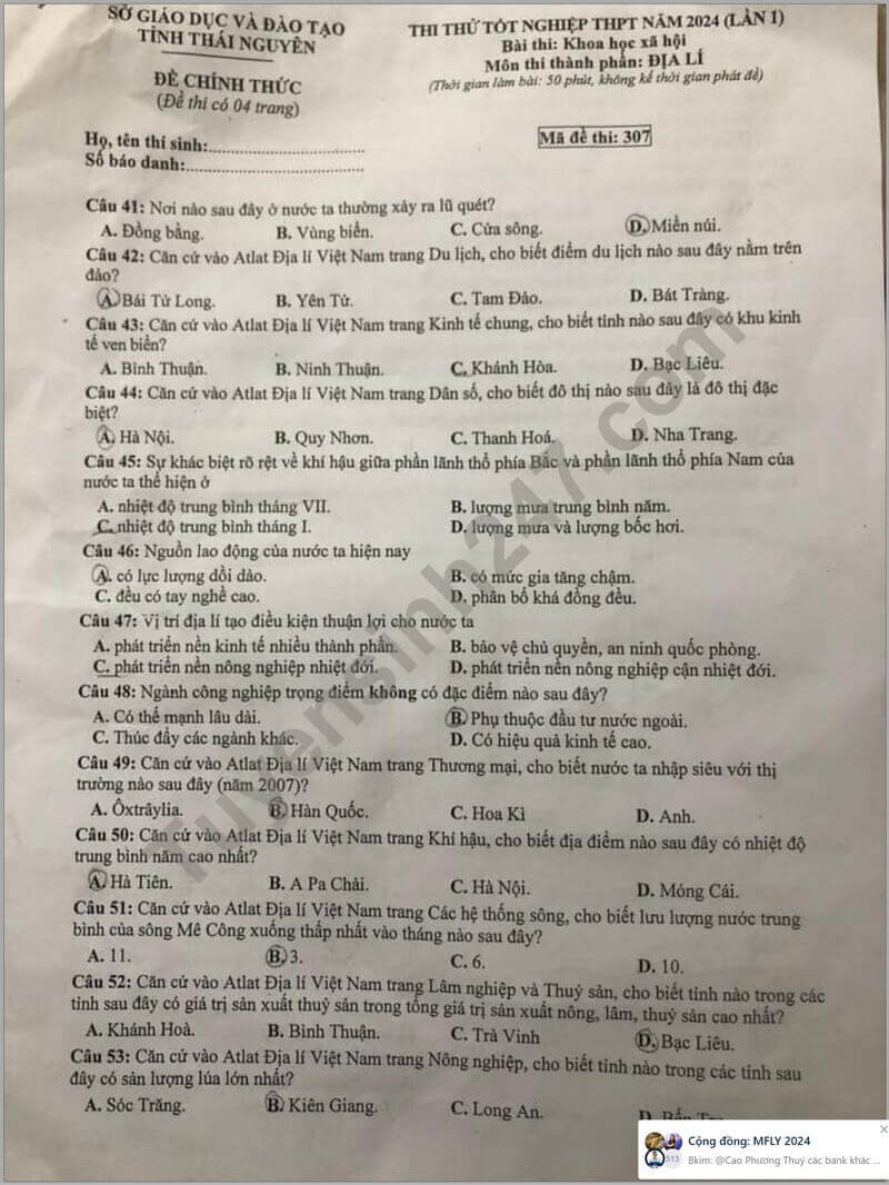 Đề thi thử 2024 Địa Lí Sở GD Thái Nguyên