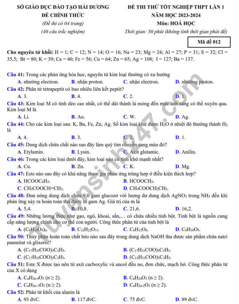 Đề thi thử 2024 Hóa Sở GD Hải Dương