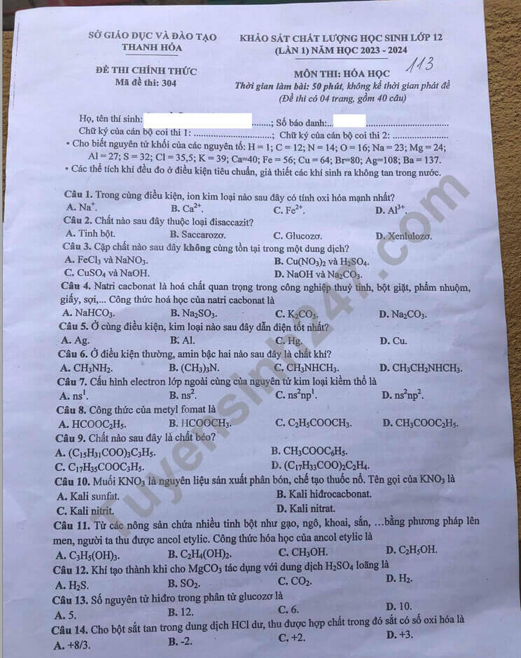 Đề thi thử 2024 Hóa Sở GD Thanh Hóa