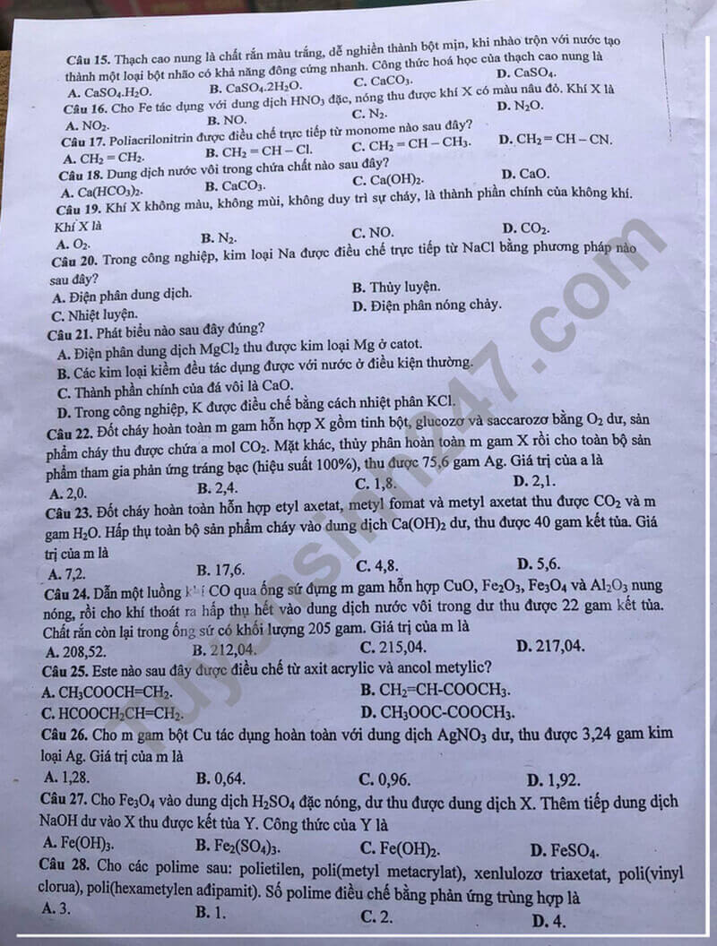 Đề thi thử 2024 Hóa Sở GD Thanh Hóa