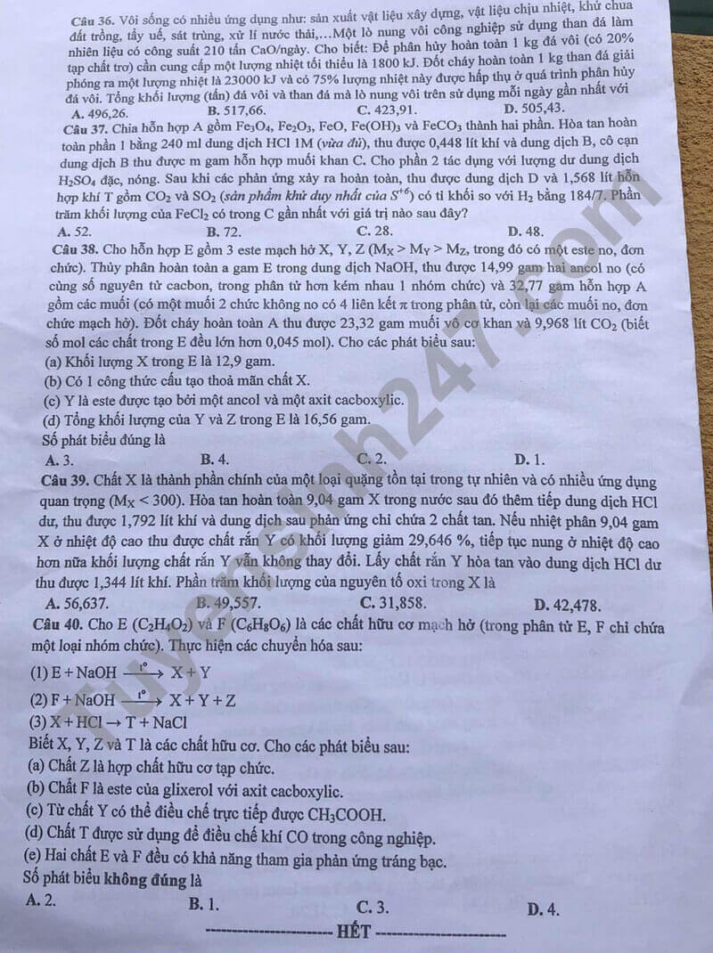 Đề thi thử 2024 Hóa Sở GD Thanh Hóa