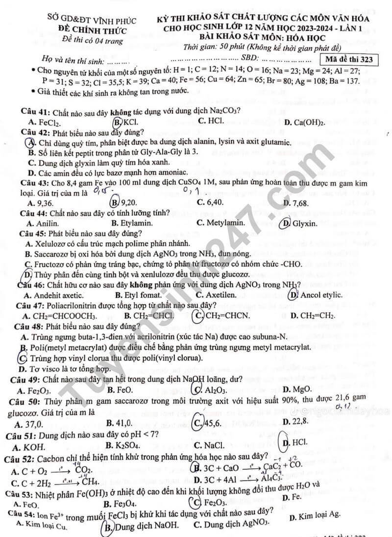 Đề thi thử 2024 Hóa Sở GD Vĩnh Phúc