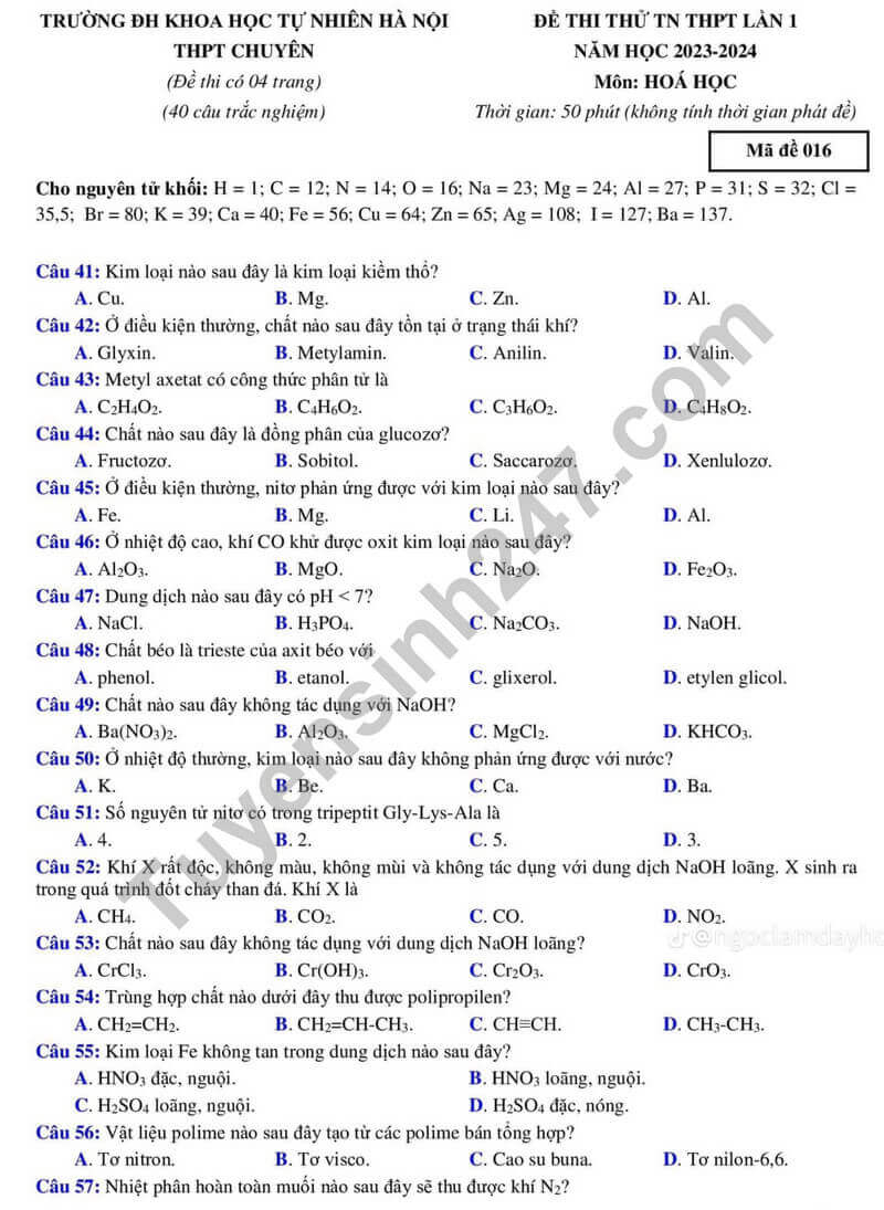 Đề thi thử 2024 Hóa trường THPT chuyên KHTN Hà Nội