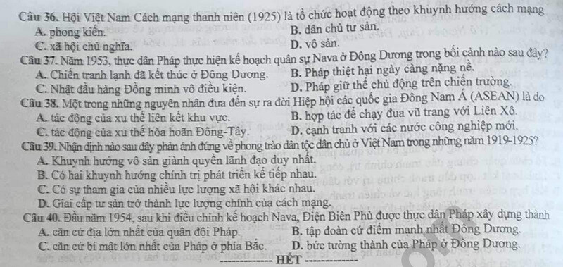 Đề thi thử 2024 Lịch Sử Sở GD Lạng Sơn