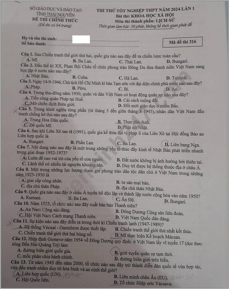 Đề thi thử 2024 Lịch Sử Sở GD Thái Nguyên