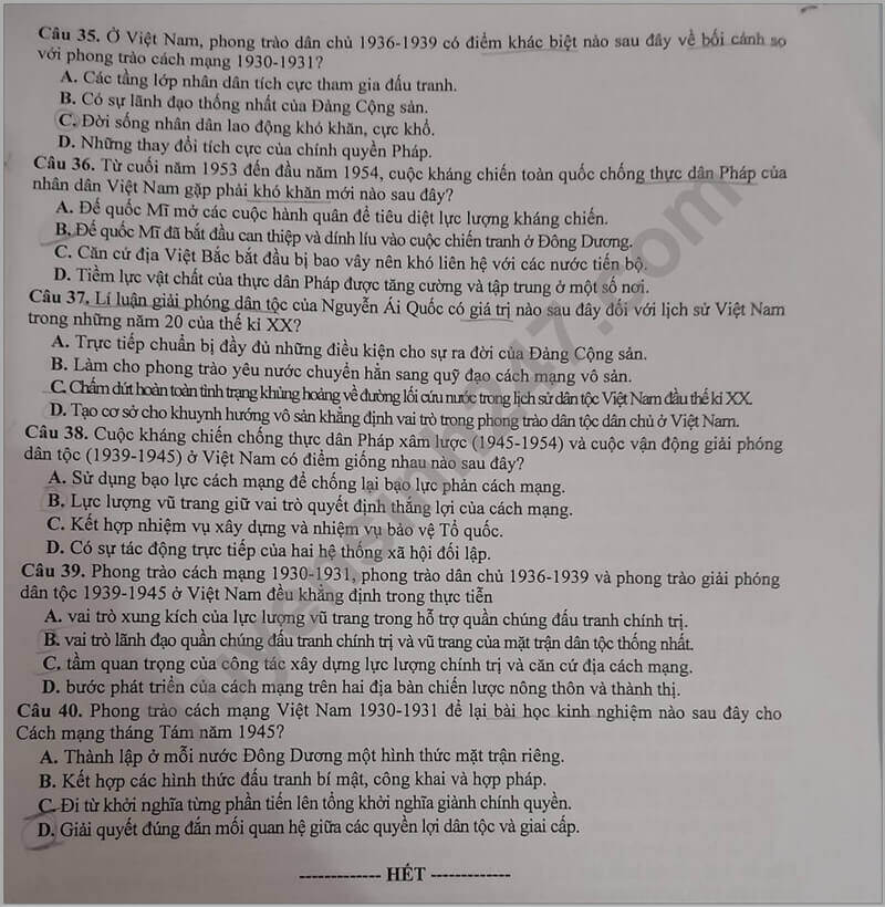 Đề thi thử 2024 Lịch Sử Sở GD Thái Nguyên