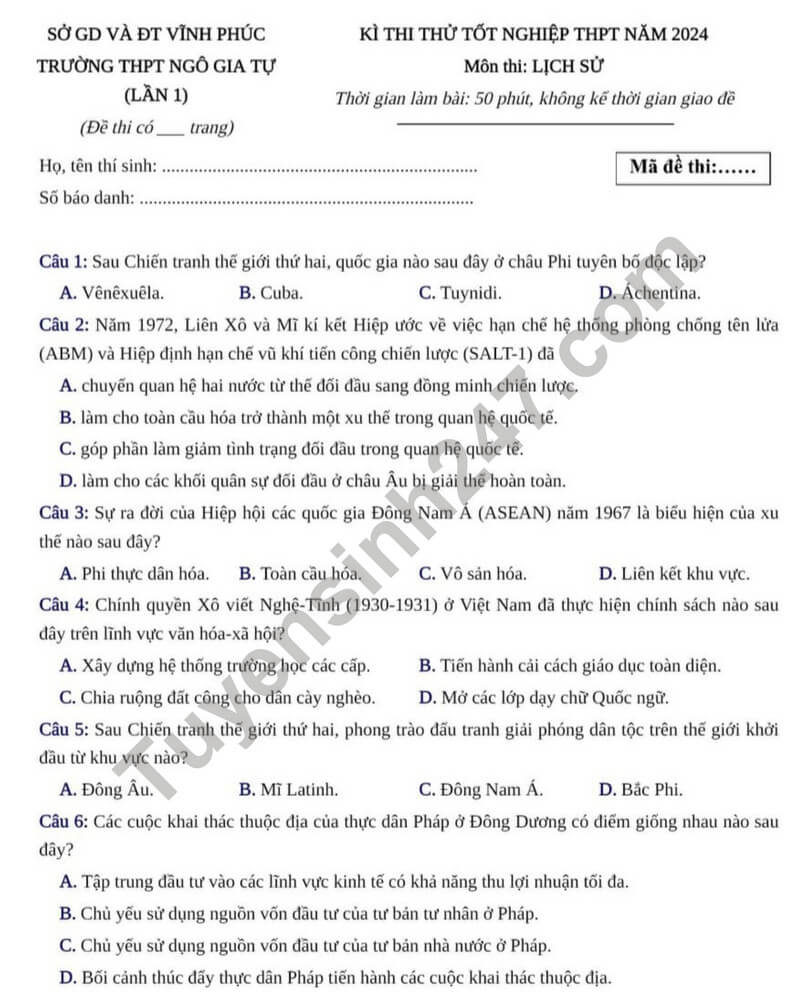 Đề thi thử 2024 Lịch Sử trường THPT Ngô Gia Tự