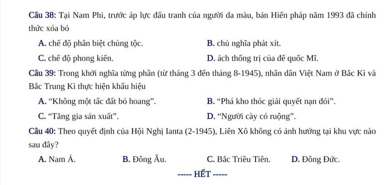 Đề thi thử 2024 Lịch Sử trường THPT Ngô Gia Tự