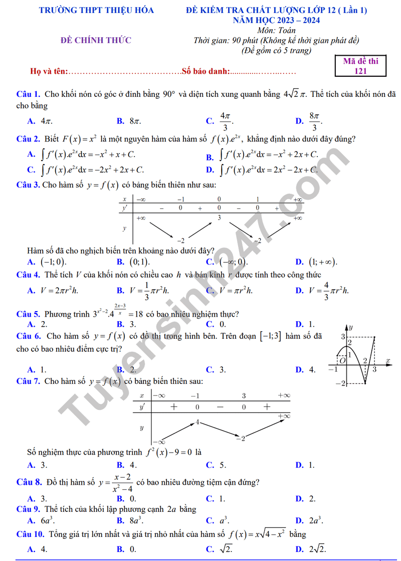 Đề thi thử 2024 Toán trường THPT Thiệu Hóa