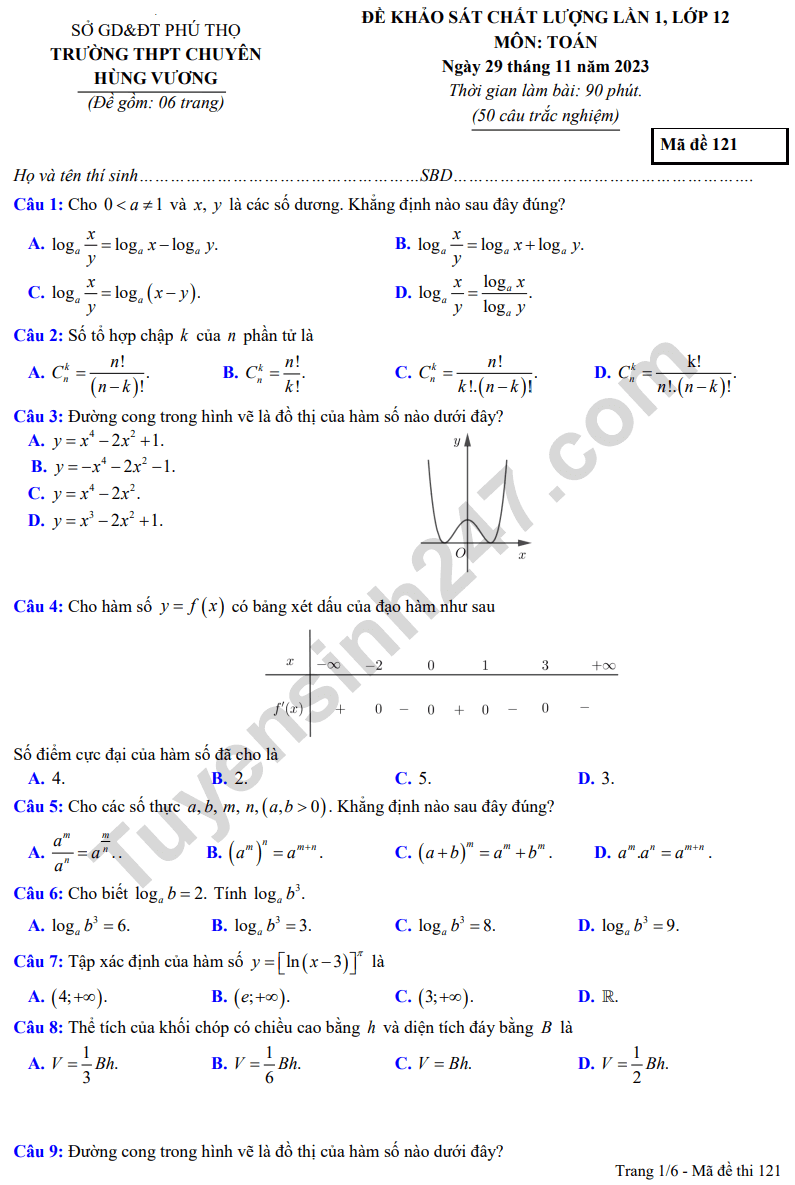 Đề thi thử 2024 Toán trường THPT Chuyên Hùng Vương