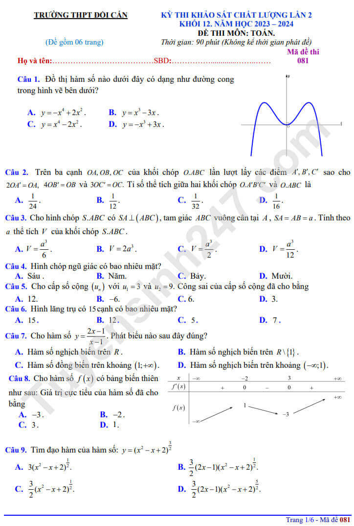 Đề thi thử 2024 Toán trường THPT Đội Cấn
