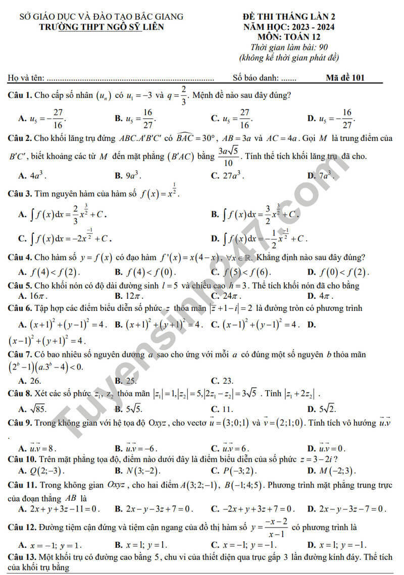 Đề thi thử 2024 Toán trường THPT Ngô Sỹ Liên