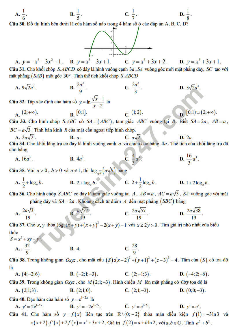 Đề thi thử 2024 Toán trường THPT Ngô Sỹ Liên