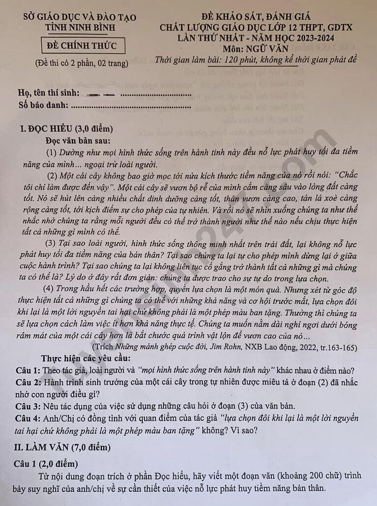 Đề thi thử 2024 Văn Sở GD Ninh Bình