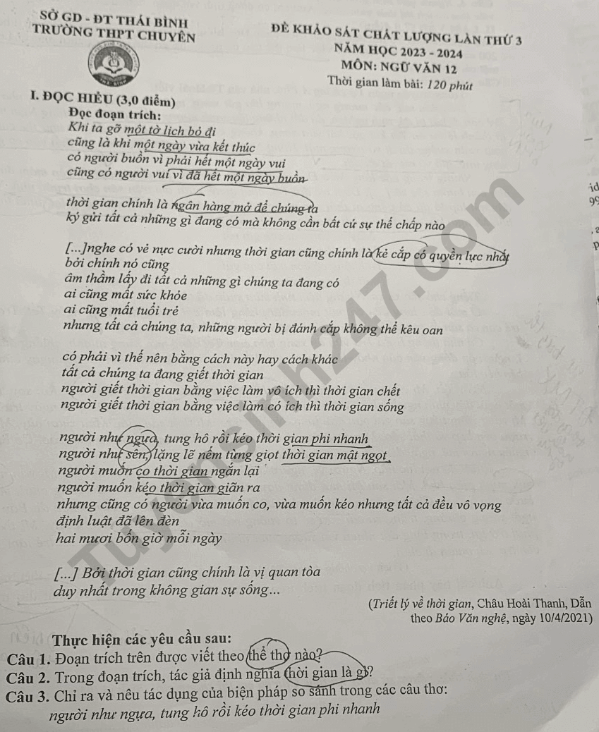 Đề thi thử 2024 Văn THPT Chuyên Thái Bình