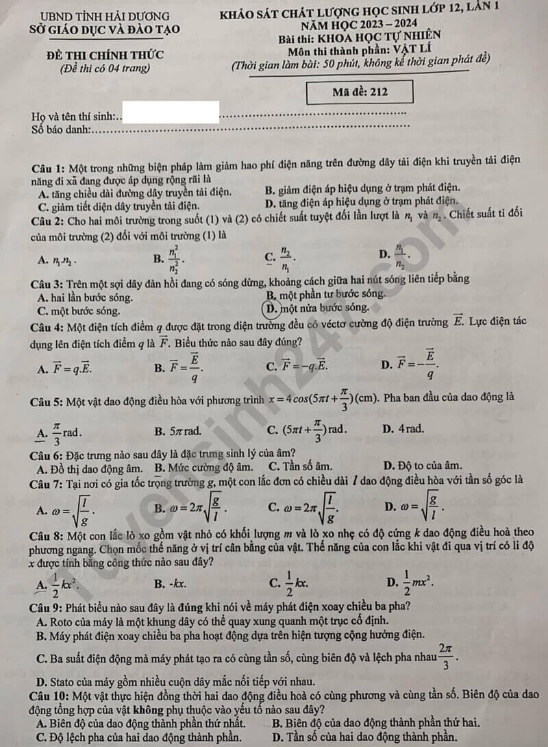 Đề thi thử 2024 Vật Lí Sở GD Hải Dương