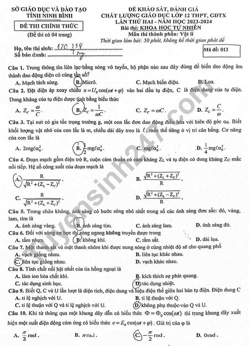 Đề thi thử 2024 Vật Lí Sở GD Ninh Bình