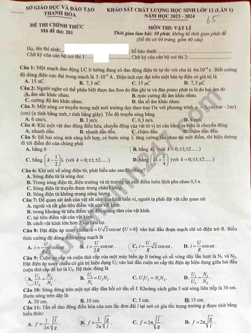 Đề thi thử 2024 Vật Lí Sở GD Thanh Hóa