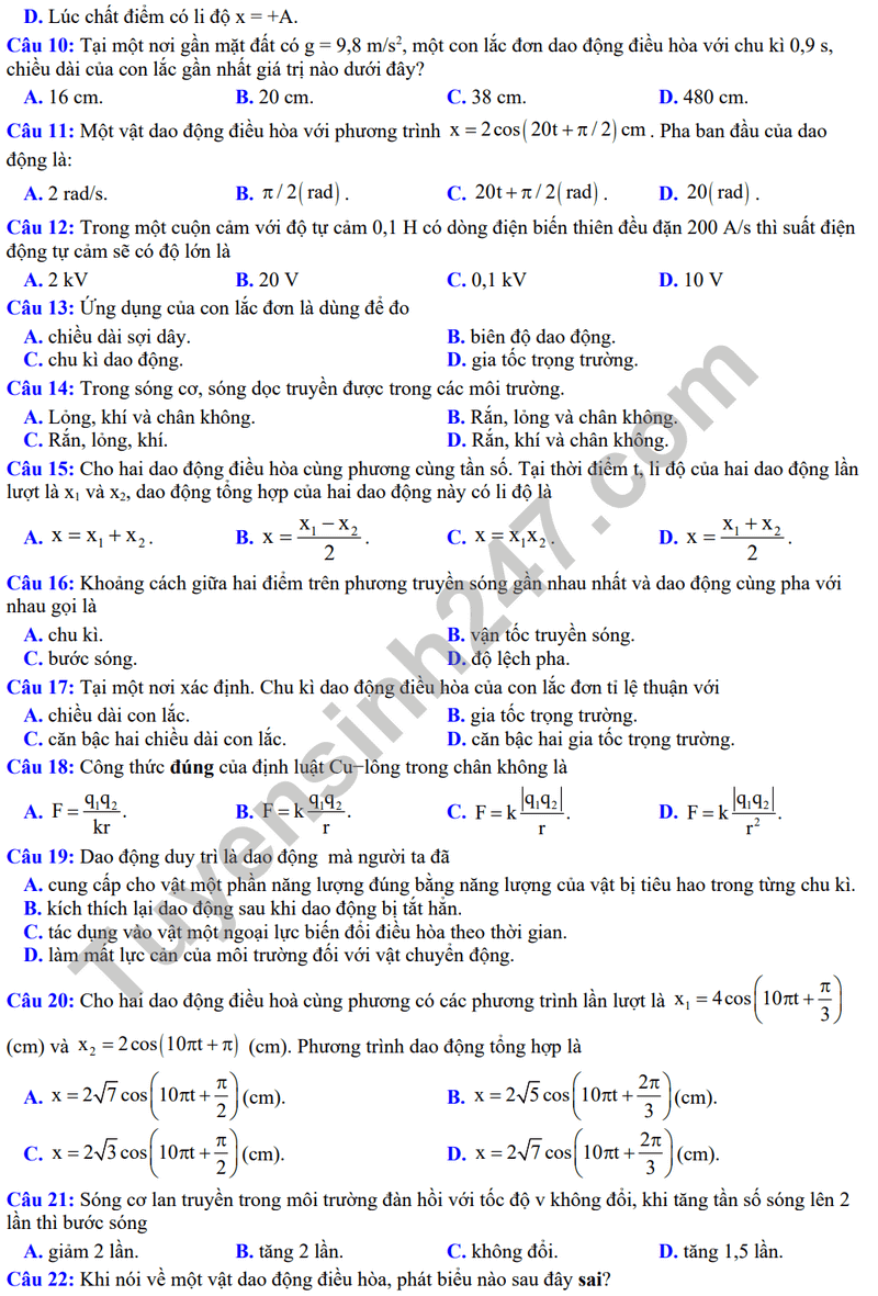 Đề thi thử 2024 Vật Lí trường THPT Đội Cấn