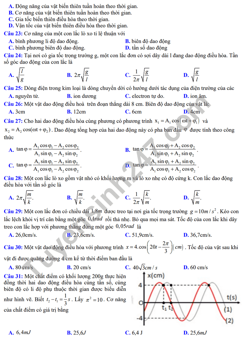Đề thi thử 2024 Vật Lí trường THPT Đội Cấn