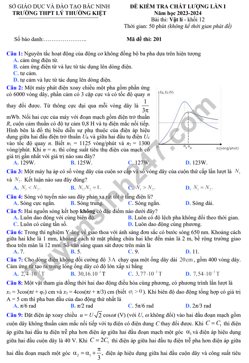Đề thi thử 2024 Vật Lí trường THPT Lý Thường Kiệt
