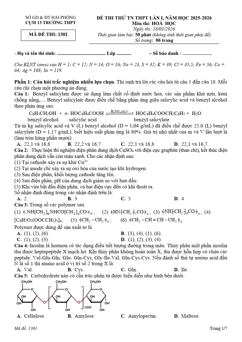 Đề thi thử Hóa Tốt nghiệp THPT 2025-2026 Cụm 13 trường THPT (Hải Phòng)