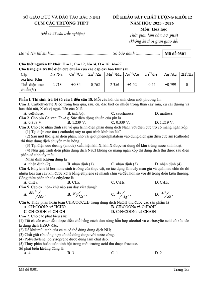 Đề thi thử Hóa Tốt nghiệp THPT 2025-2026 Cụm các trường THPT (Bắc Ninh)