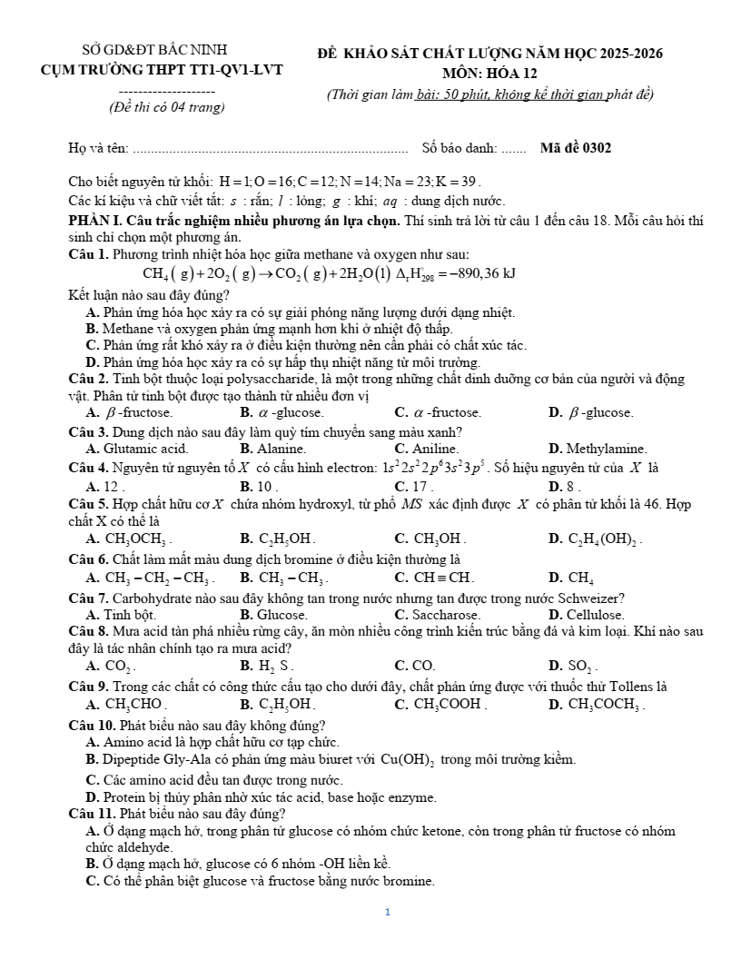 Đề thi thử Hóa Tốt nghiệp THPT 2025-2026 Cụm trường THPT TT1-QV1-LVT – Bắc Ninh