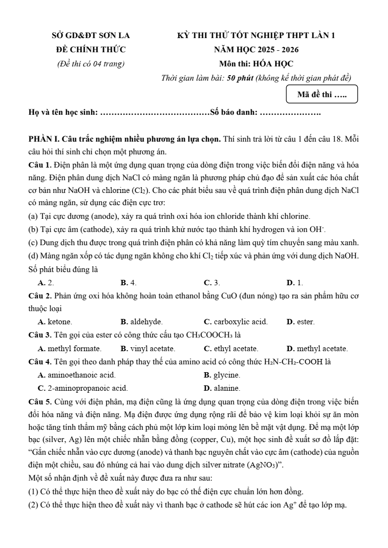 Đề thi thử Hóa Tốt nghiệp THPT 2025-2026 Sở GD&ĐT Sơn La