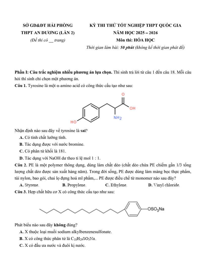 Đề thi thử Hóa Tốt nghiệp THPT 2025-2026 trường THPT An Dương (Hải Phòng)