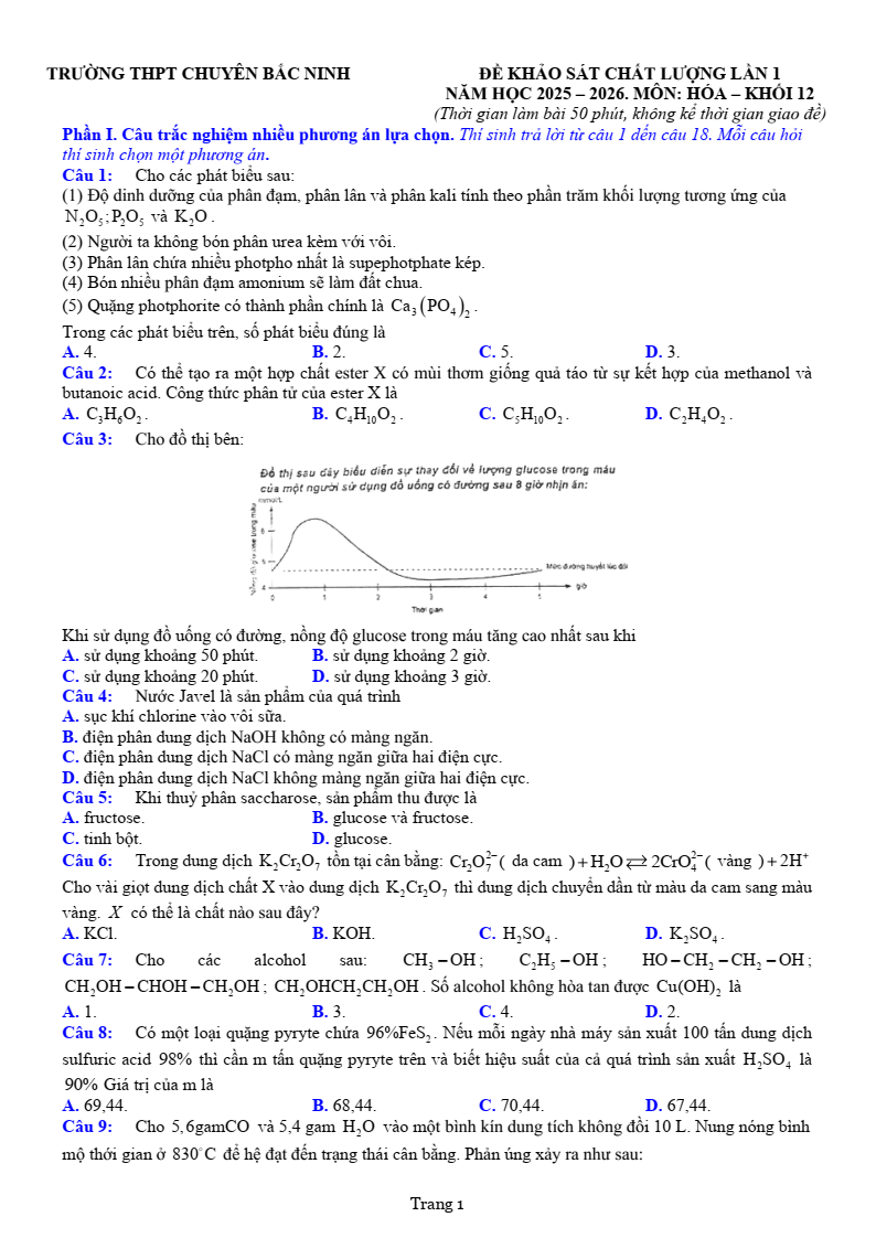 Đề thi thử Hóa Tốt nghiệp THPT 2025-2026 trường THPT Chuyên Bắc Ninh (Bắc Ninh)