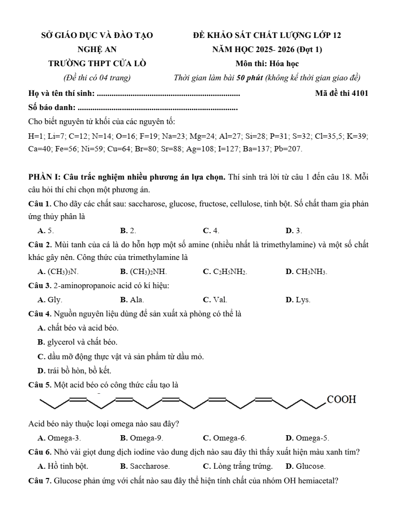 Đề thi thử Hóa Tốt nghiệp THPT 2025-2026 trường THPT Cửa Lò (Nghệ An)
