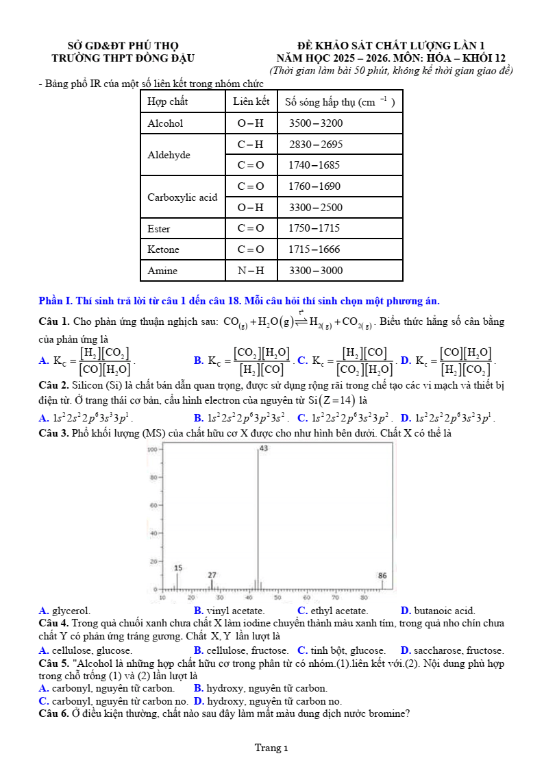 Đề thi thử Hóa Tốt nghiệp THPT 2025-2026 trường THPT Đồng Đậu (Phú Thọ)