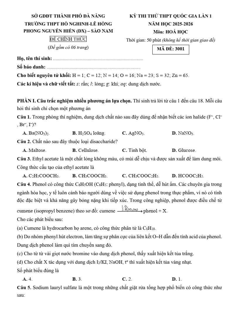 Đề thi thử Hóa Tốt nghiệp THPT 2025-2026 trường THPT Hồ Nghinh – Lê Hồng Phong – Nguyễn Hiền – Sào Nam (Đà Nẵng)