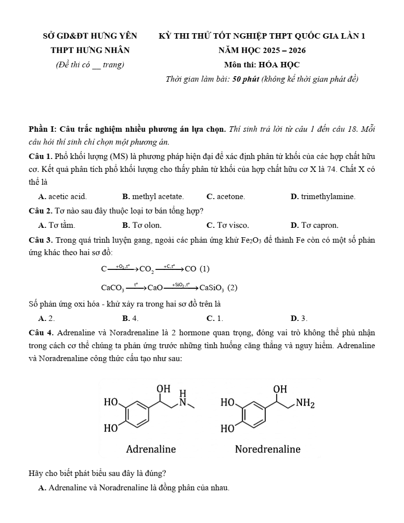 Đề thi thử Hóa Tốt nghiệp THPT 2025-2026 trường THPT Hưng Nhân (Hưng Yên)