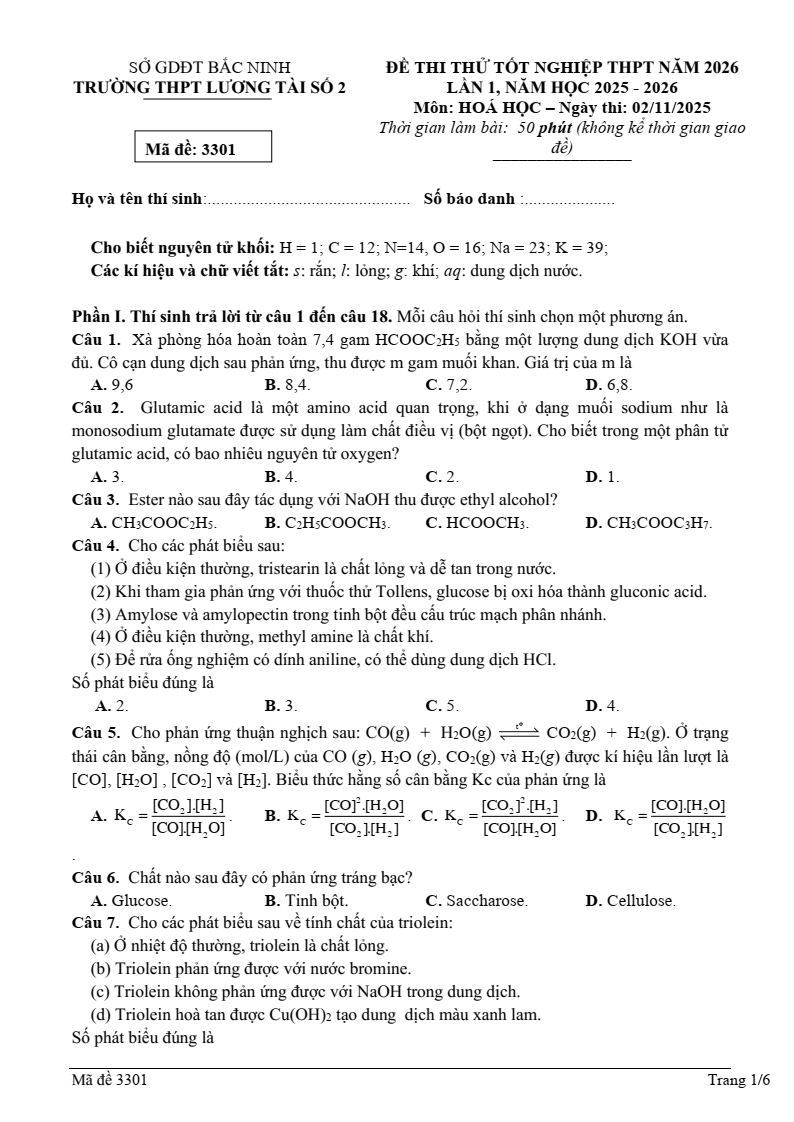 Đề thi thử Hóa Tốt nghiệp THPT 2025-2026 trường THPT Lương Tài Số 2 (Bắc Ninh)