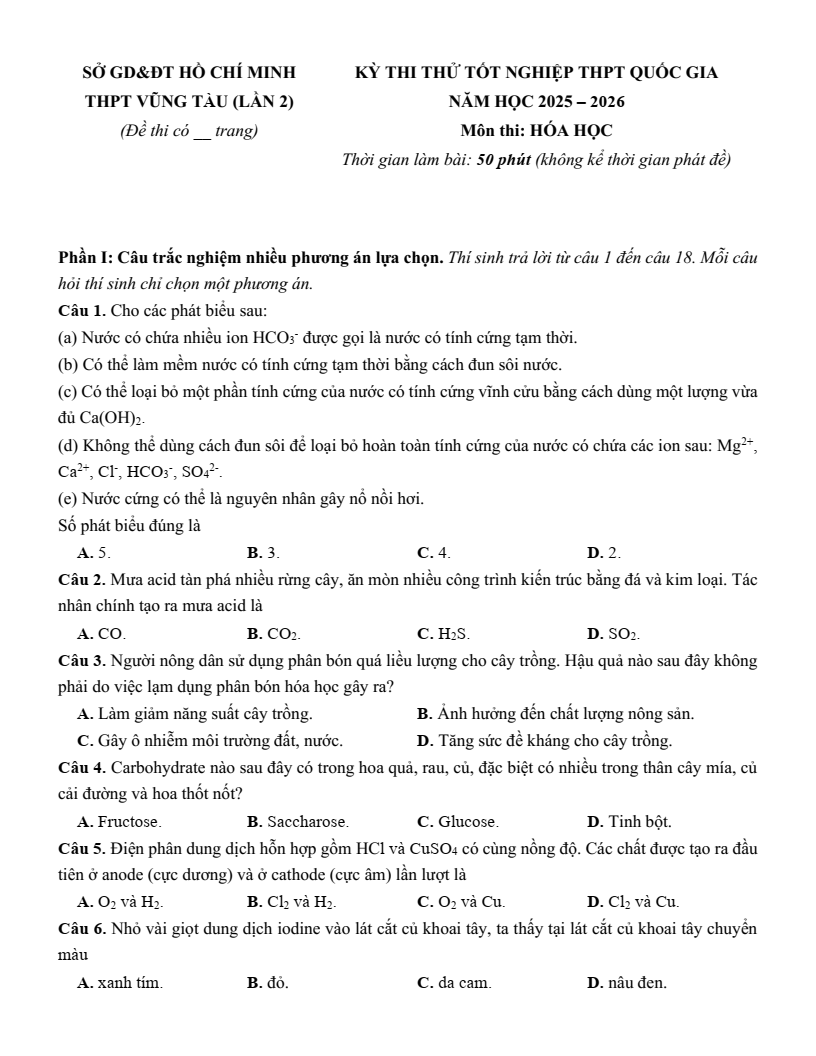Đề thi thử Hóa Tốt nghiệp THPT 2025-2026 trường THPT Vũng Tàu (TP. HCM)