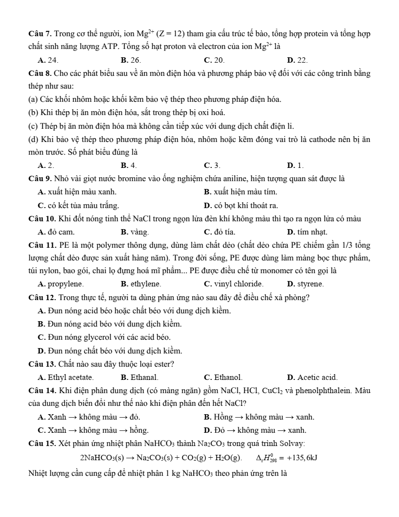 Đề thi thử Hóa Tốt nghiệp THPT 2025-2026 trường THPT Vũng Tàu (TP. HCM)