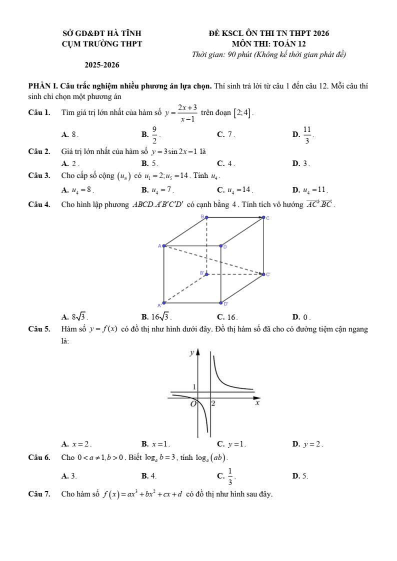 Đề thi thử Toán Tốt nghiệp THPT 2025-2026 Cụm trường THPT (Hà Tĩnh)