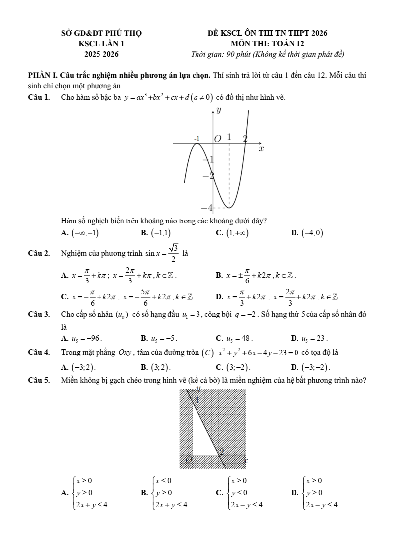 Đề thi thử Toán Tốt nghiệp THPT 2025-2026 Sở GD&ĐT Phú Thọ