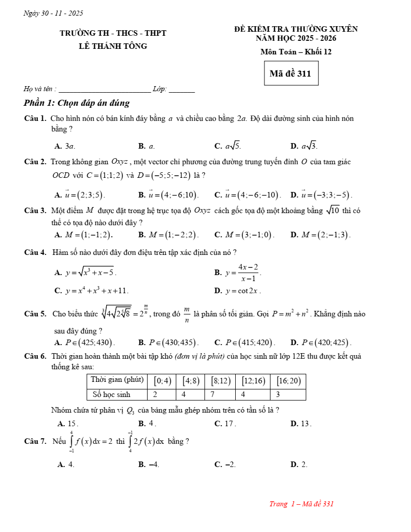 Đề thi thử Toán Tốt nghiệp THPT 2025-2026 trường TH - THCS - THPT Lê Thánh Tông