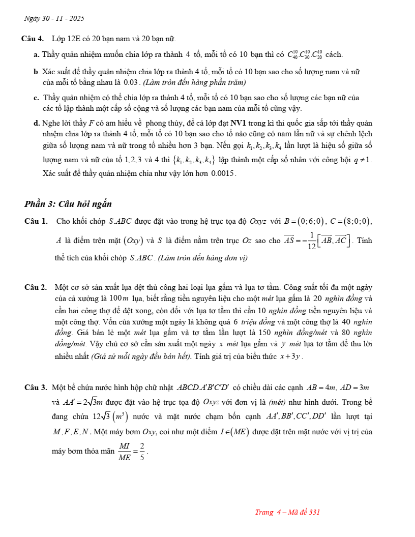 Đề thi thử Toán Tốt nghiệp THPT 2025-2026 trường TH - THCS - THPT Lê Thánh Tông