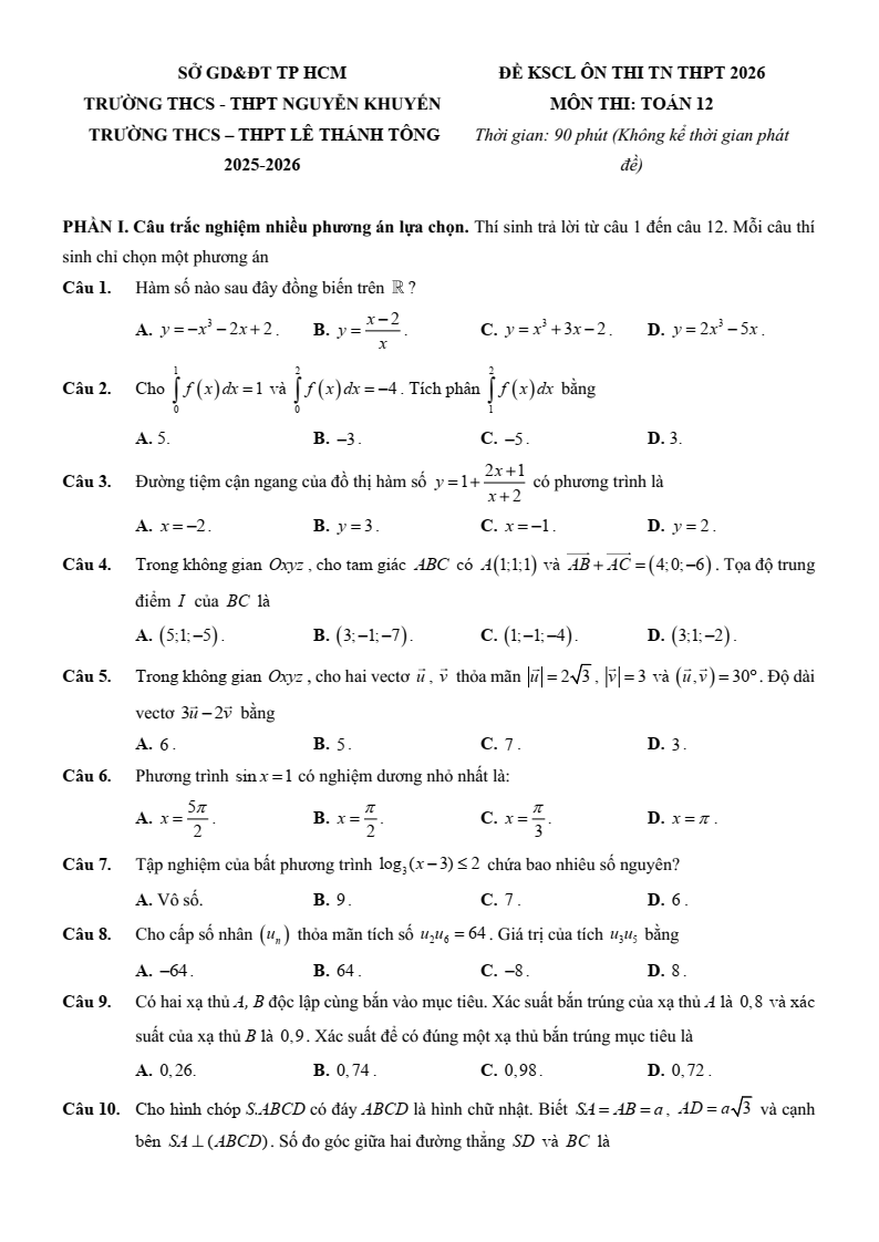 Đề thi thử Toán Tốt nghiệp THPT 2025-2026 trường THCS-THPT Nguyễn Khuyến - Lê Thánh Tông