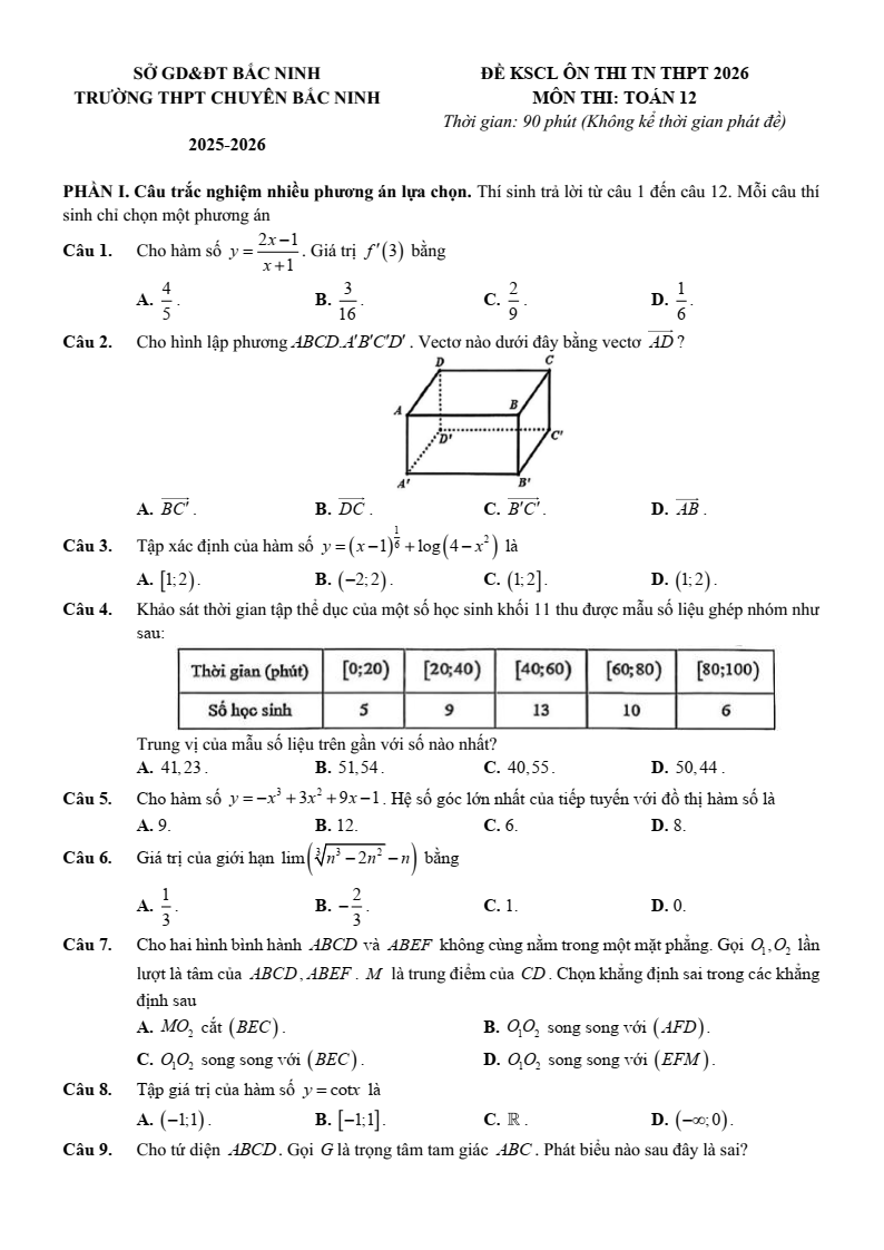 Đề thi thử Toán Tốt nghiệp THPT 2025-2026 trường THPT Chuyên Bắc Ninh