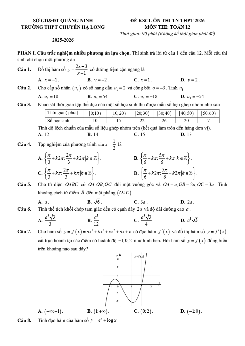 Đề thi thử Toán Tốt nghiệp THPT 2025-2026 trường THPT Chuyên Hạ Long (Quảng Ninh)